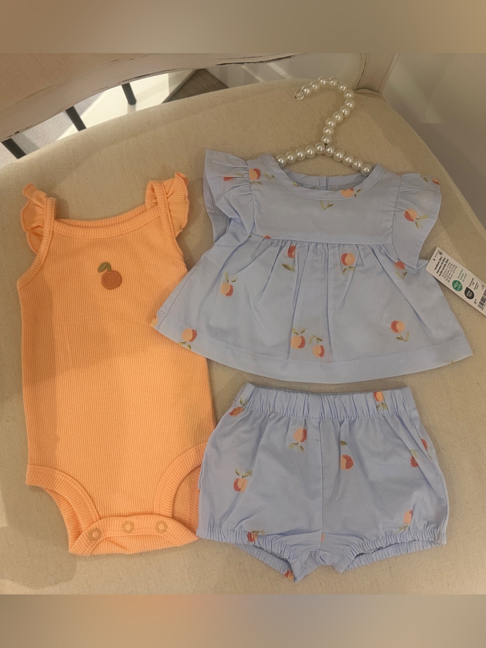 🍑 Newborn Size Blue Cotton Peach-Print Top & Shorts with Orange Ribbed Bodysuit